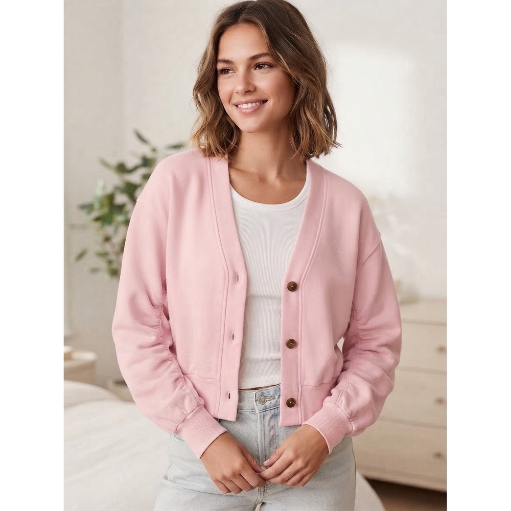 PINK Victoria's Secret Campus Fleece Cropped Cardigan Baby Pink Sz XS NWT $72
